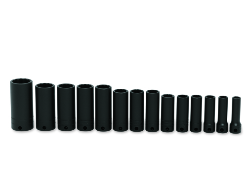 Jeu de 14 douilles impact 3/8&rdquo; longues 12 pans, Flank Drive&reg;, (8 - 19, 21 et 24 mm)