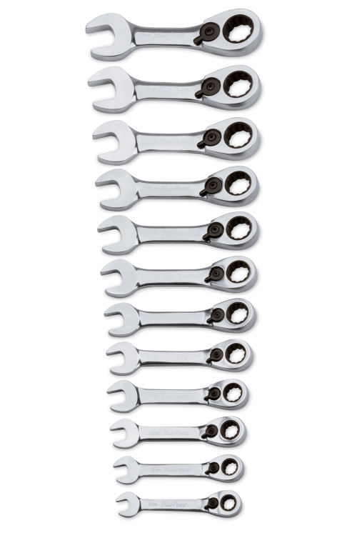 Jeu de cl&eacute;s combin&eacute;es courtes &agrave; cliquet contre-coud&eacute;es de 15&deg;, courtes, 12-pi&egrave;ces (Blue-Point&reg;)(8 - 19 mm.)