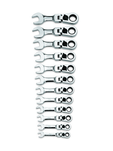 Jeu de 8 cl&eacute;s combin&eacute;es courtes &agrave; t&ecirc;te articul&eacute;e m&eacute;trique 15&deg; offset&nbsp;, 12-pans, 12-pi&egrave;ces (8 - 19 mm.) (Blue-Point&reg;)