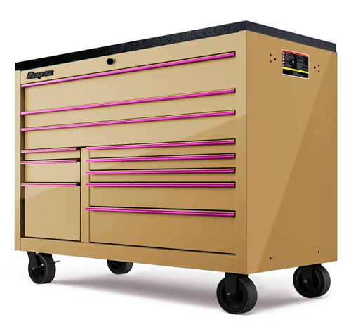 2-bank 11 ladige gereedschapswagen uit de Classic Series met zwart gepantserd topblad en SpeeDrawer (Combat Tan met roze trims)