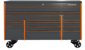 3-bank 15-ladige gereedschapswagen met zwart gepantserd topblad uit de Masters Series (Storm grijs met oranje trims)