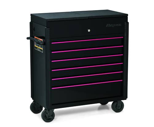 Rollwagen mit 6 Schubladen und schwarzer, ausziehbarer Arbeitsplatte (schwarz mit Electric-Pink-Akzenten und Blackout-Logo)
