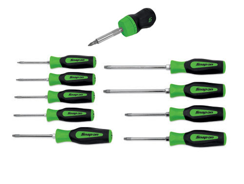 TORX&reg; schroevendraaierset met groene softgrip handvatten, 9-delige (T8 - T45) en een stubby&nbsp;ratelschroevendraaier met groen softgrip handvat
